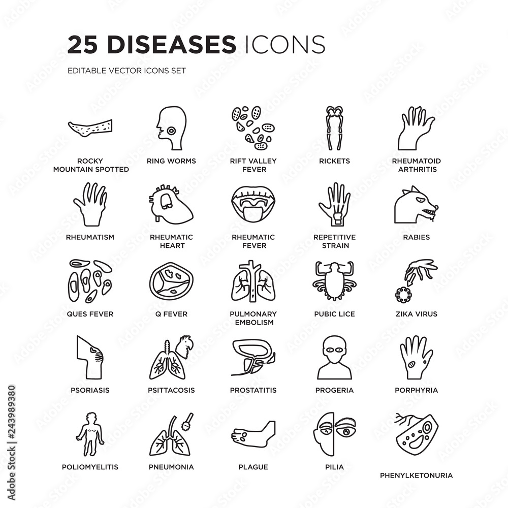 Set of 25 Diseases linear icons such as Rocky Mountain spotted fever, Ring worms, Rift Valley Rickets, vector illustration of trendy icon pack. Line icons with thin line stroke.
