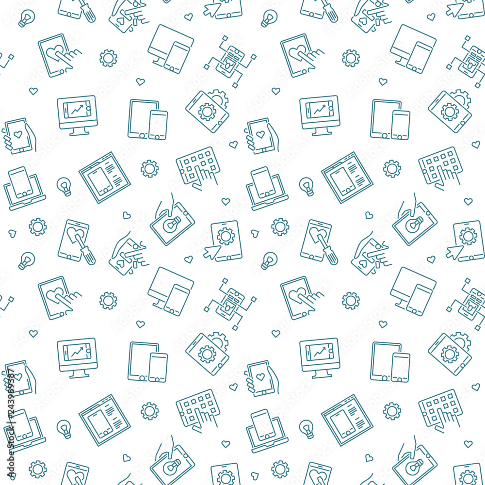 Vector Mobile App Development outline concept seamless pattern or background