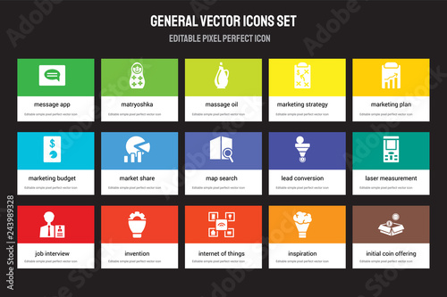 Set of 15 flat general icons - message app, matryoshka, internet things, marketing plan, job interview. Vector illustration isolated on colorful background
