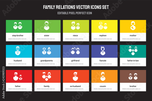 Set of 15 flat family relations icons - step-brother, sister, ex-husband, mother, father, fiancée, father-in-law, cousin. Vector illustration isolated on colorful background