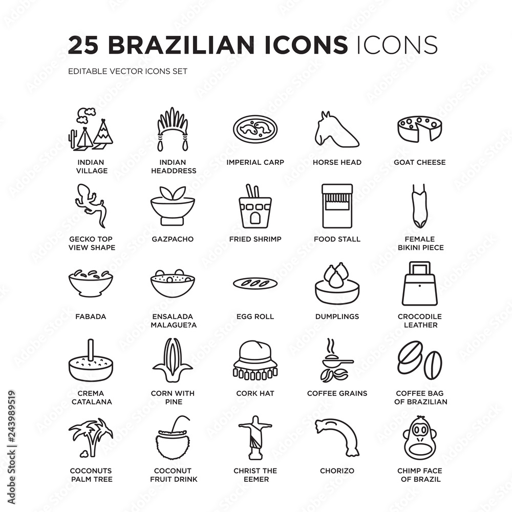 Set of 25 Brazilian icons linear such as Indian Village, Headdress, Imperial Carp, Horse Head, Goat Cheese, vector illustration of trendy icon pack. Line icons with thin line stroke.