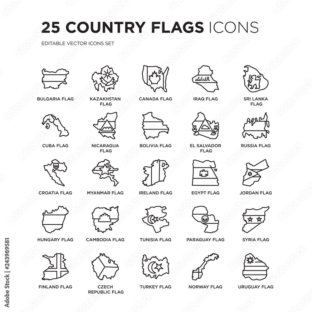 Set of 25 Country Flags linear icons such as Bulgaria flag, Kazakhstan Canada Iraq Sri Lanka flag, vector illustration of trendy icon pack. Line icons with thin line stroke.