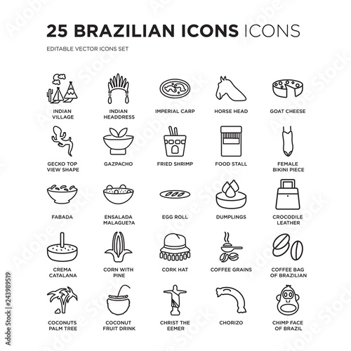 Set of 25 Brazilian icons linear such as Indian Village, Headdress, Imperial Carp, Horse Head, Goat Cheese, vector illustration of trendy icon pack. Line icons with thin line stroke.