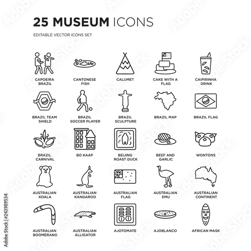 Set of 25 Museum linear icons such as Capoeira Brazil dancers, Cantonese Fish, Calumet, Cake with a flag, vector illustration of trendy icon pack. Line icons with thin line stroke.