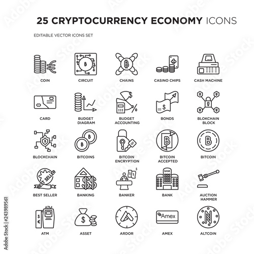 Set of 25 CRYPTOCURRENCY ECONOMY linear icons such as Coin, Circuit, Chains, Casino chips, Cash machine, blokchain block, vector illustration of trendy icon pack. Line icons with thin line stroke.