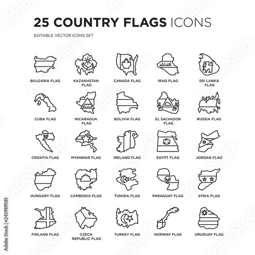 Set of 25 Country Flags linear icons such as Bulgaria flag  Kazakhstan Canada Iraq Sri Lanka flag  vector illustration of trendy icon pack. Line icons with thin line stroke.