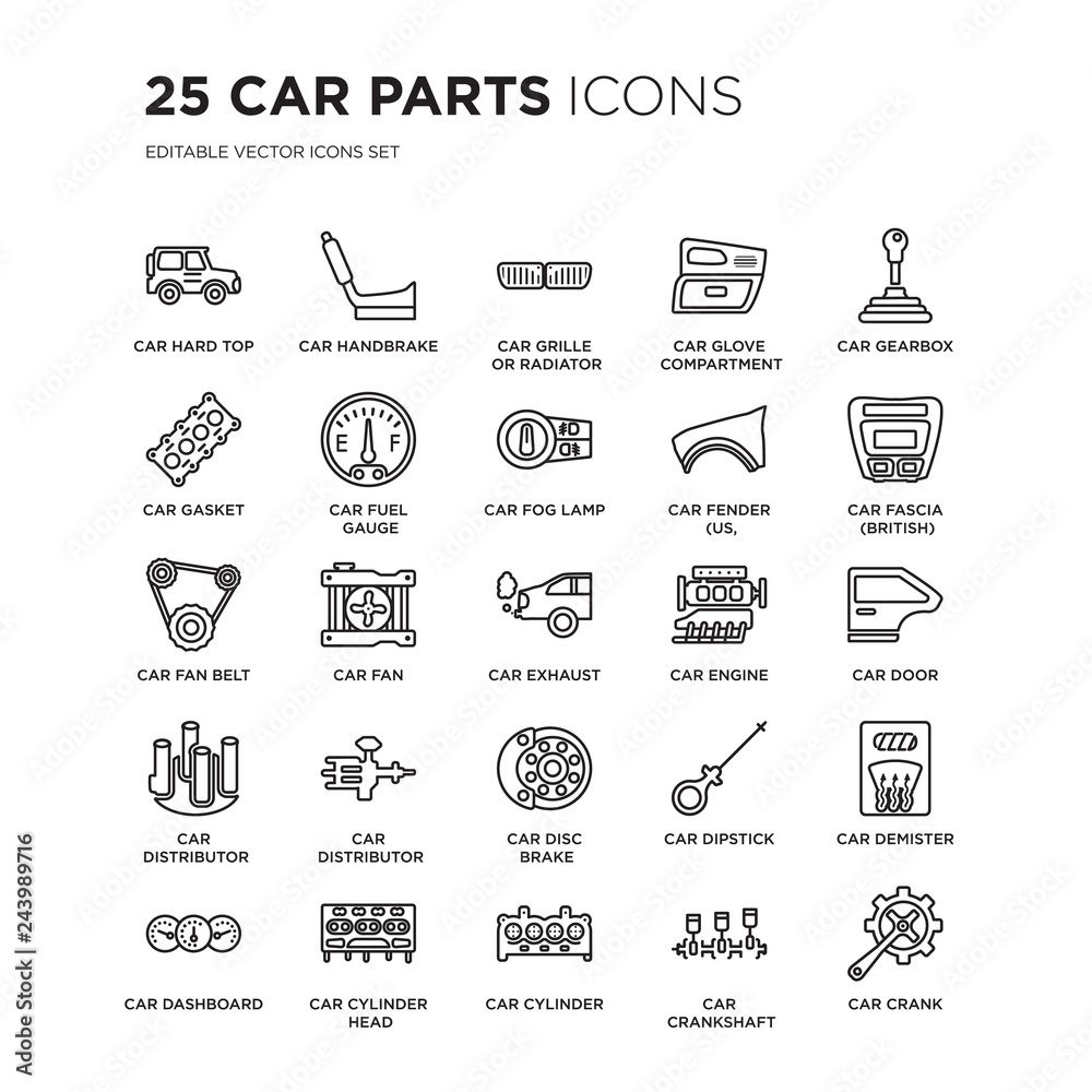 Set of 25 Car parts linear icons such as car hard top, handbrake, grille or radiator grille, glove compartment, vector illustration of trendy icon pack. Line icons with thin line stroke.