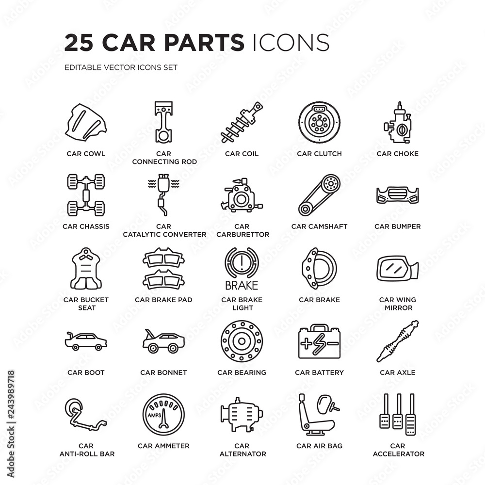 Set of 25 Car parts linear icons such as car cowl, connecting rod, coil, clutch, choke, bumper, vector illustration of trendy icon pack. Line icons with thin line stroke. - obrazy, fototapety, plakaty 