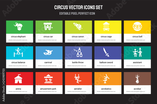 Set of 15 flat circus icons - Circus Elephant, Car, Aerialist, ball, arena, Balloon sword, Assistant, Acrobatics. Vector illustration isolated on colorful background