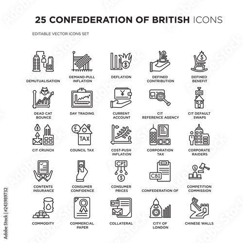 Set of 25 CONFEDERATION OF BRITISH linear icons such as Demutualisation, Demand-pull inflation, Deflation, Defined contribution pension, vector illustration of trendy icon pack. Line icons with thin