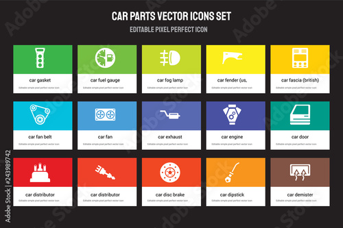 Set of 15 flat car parts icons - gasket, fuel gauge, disc brake, fascia (British), distributor cap. Vector illustration isolated on colorful background