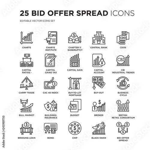 Set of 25 Bid offer spread linear icons such as charts  Charte Institute Purchasing and Supply  Chapter 11 bankruptcy  Central bank  vector illustration of trendy icon pack. Line icons with thin line