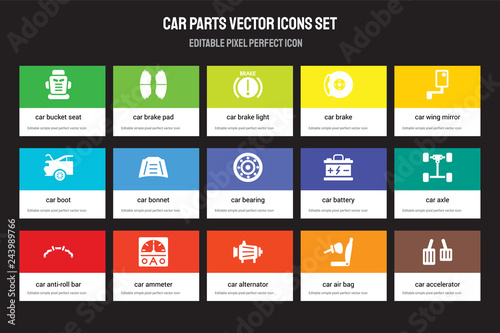 Set of 15 flat car parts icons - bucket seat, brake pad, alternator, wing mirror, anti-roll bar. Vector illustration isolated on colorful background