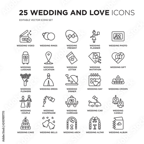 Set of 25 Wedding and love linear icons such as video, Rings, wedding Present, planner, photo, vector illustration of trendy icon pack. Line icons with thin line stroke.