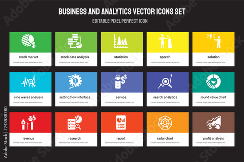 Set of 15 flat business and analytics icons - Stock market, data analysis, Report, Solution, Revenue. Vector illustration isolated on colorful background