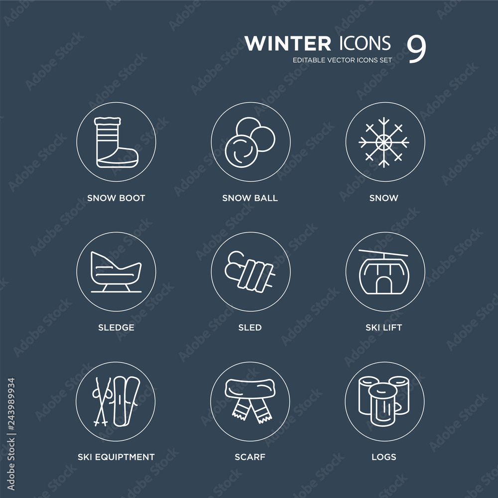 9 Snow Boot, ball, Ski Equiptment, lift, Sled, Snow, Sledge, Scarf modern icons on black background, vector illustration, eps10, trendy icon set. 9 Snow Boot, ball, Ski Equiptment, lift, Sled, Snow, Sledge, Scarf modern icons on black background, vector illustration, eps10, trendy icon set.