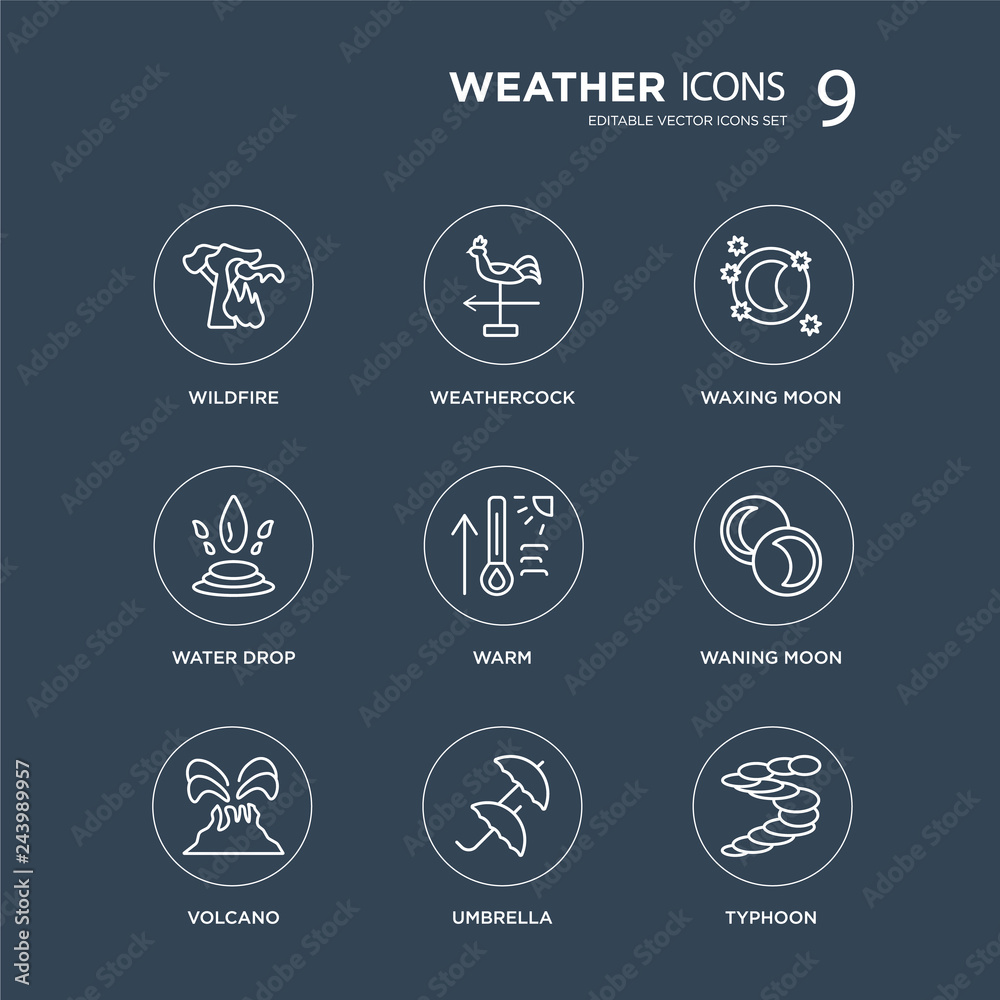 9 wildfire, Weathercock, Volcano, Waning moon, Warm, Waxing Water drop, Umbrella modern icons on black background, vector illustration, eps10, trendy icon set.