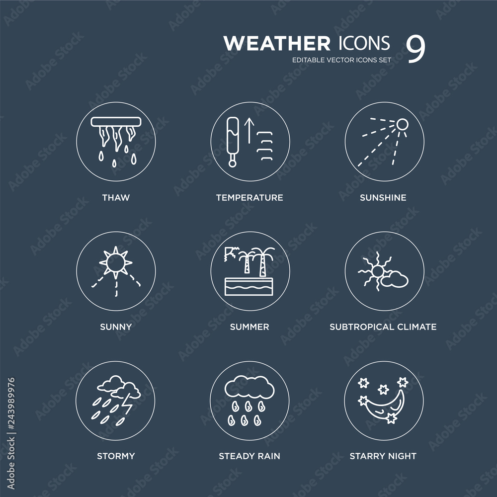 9 thaw, Temperature, Stormy, subtropical climate, Summer, Sunshine, Sunny, steady rain modern icons on black background, vector illustration, eps10, trendy icon set.