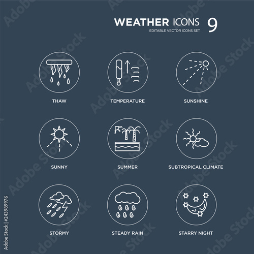 9 thaw, Temperature, Stormy, subtropical climate, Summer, Sunshine, Sunny, steady rain modern icons on black background, vector illustration, eps10, trendy icon set.