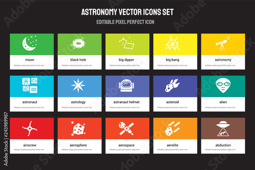 Set of 15 flat astronomy icons - Moon, Black hole, aerospace, Astronomy, Airscrew, Asteroid, Alien, aerolite. Vector illustration isolated on colorful background