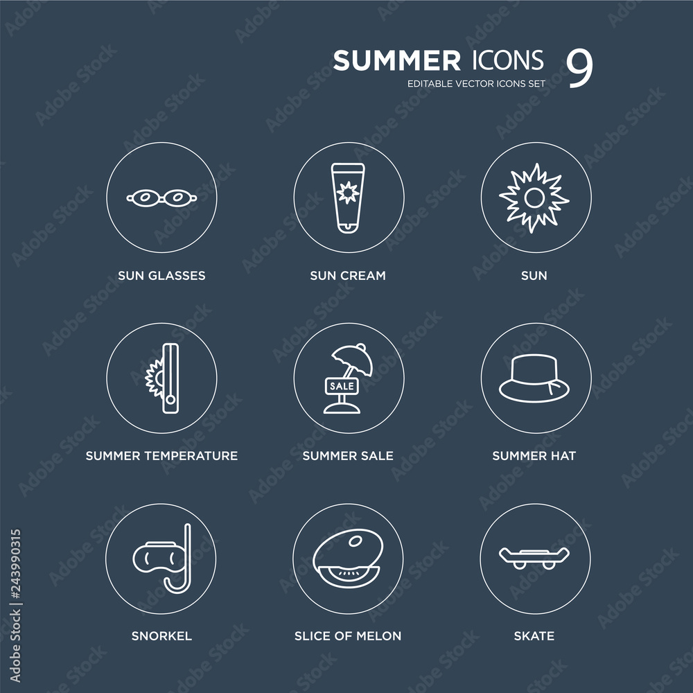 9 Sun glasses, cream, Snorkel, summer Hat, Summer sale, Sun, temperature, Slice of melon modern icons on black background, vector illustration, eps10, trendy icon set. 9 Sun glasses, cream, Snorkel, summer Hat, Summer sale, Sun, temperature, Slice of melon modern icons on black background, vector illustration, eps10, trendy icon set.