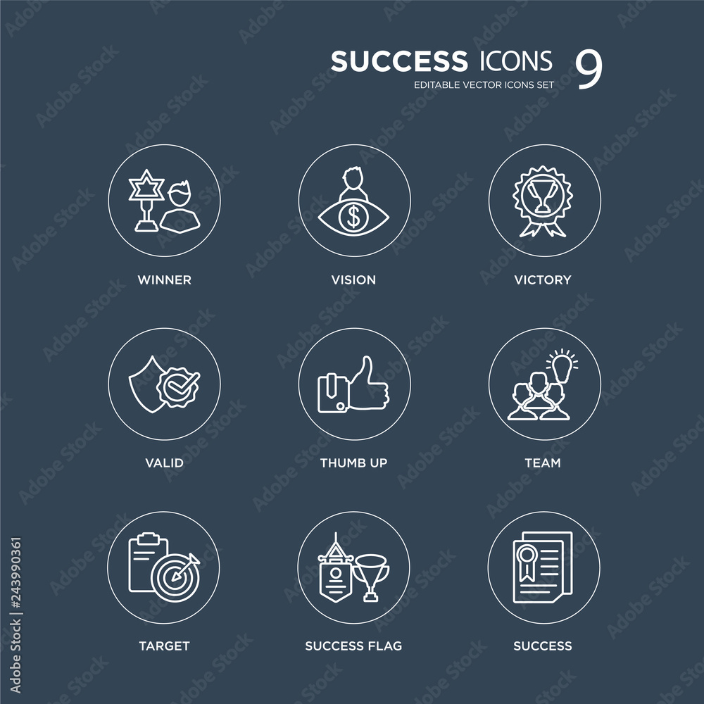 9 Winner, Vision, Target, Team, Thumb up, Victory, Valid, Success Flag modern icons on black background, vector illustration, eps10, trendy icon set. 9 Winner, Vision, Target, Team, Thumb up, Victory, Valid, Success Flag modern icons on black background, vector illustration, eps10, trendy icon set.