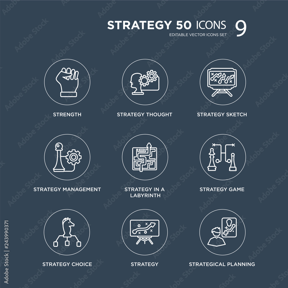 9 Strength, Strategy thought, strategy Choice, game, in a labyrinth, Sketch modern icons on black background, vector illustration, eps10, trendy icon set.