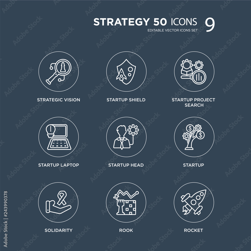 9 strategic Vision, startup Shield, Solidarity, Startup, Head, Project Search, Laptop, Rook modern icons on black background, vector illustration, eps10, trendy icon set.