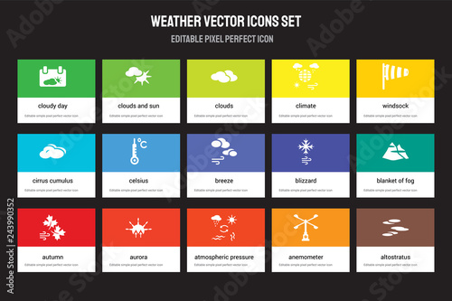 Set of 15 flat weather icons - Cloudy Day, Clouds and sun, atmospheric pressure, Windsock, Autumn, Blizzard, blanket fog, Anemometer. Vector illustration isolated on colorful background