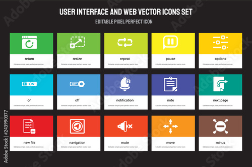 Set of 15 flat user interface and web icons - Return, Resize, Mute, Options, New File, Note, Next Page, Move. Vector illustration isolated on colorful background