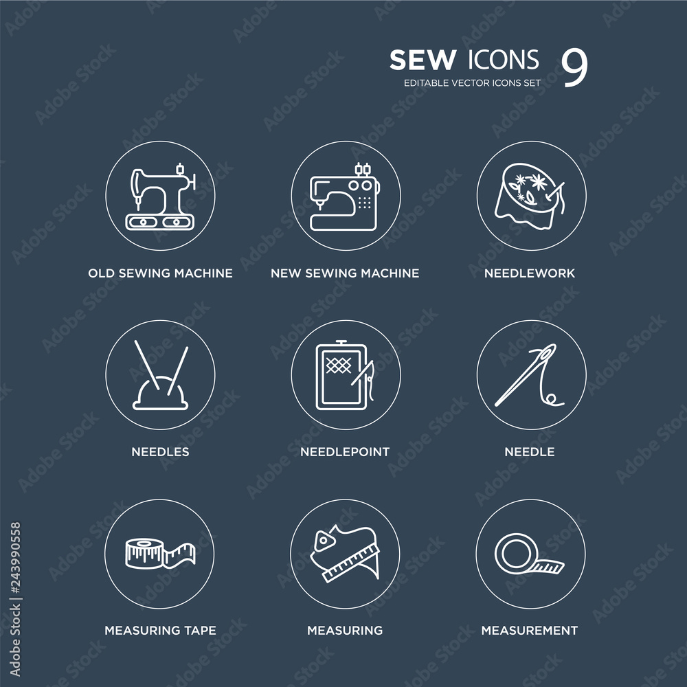 9 Old sewing machine, New Sewing Machine, Measuring tape, Needle, needlepoint, Needlework, Needles, modern icons on black background, vector illustration, eps10, trendy icon set. 9 Old sewing machine, New Sewing Machine, Measuring tape, Needle, needlepoint, Needlework, Needles, modern icons on black background, vector illustration, eps10, trendy icon set.