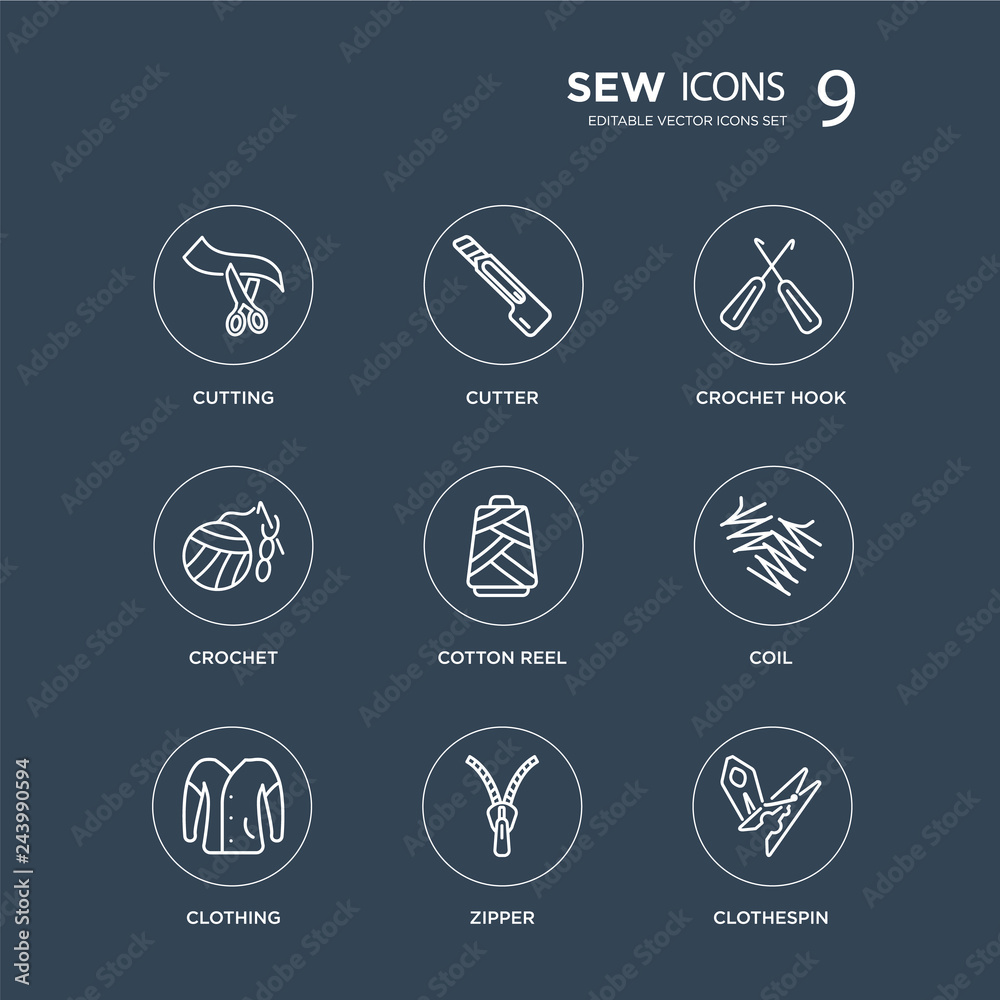 9 Cutting, Cutter, Clothing, Coil, cotton reel, crochet hook, Crochet, Zipper modern icons on black background, vector illustration, eps10, trendy icon set. 9 Cutting, Cutter, Clothing, Coil, cotton reel, crochet hook, Crochet, Zipper modern icons on black background, vector illustration, eps10, trendy icon set.