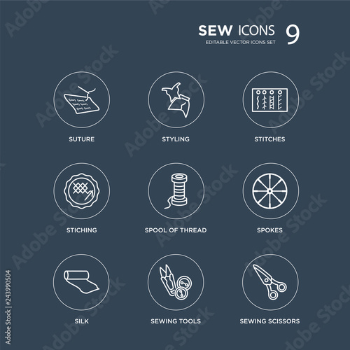 9 suture, styling, silk, Spokes, Spool of thread, Stitches, Stiching, Sewing tools modern icons on black background, vector illustration, eps10, trendy icon set.