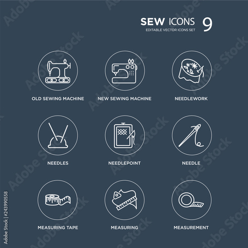 9 Old sewing machine, New Sewing Machine, Measuring tape, Needle, needlepoint, Needlework, Needles, modern icons on black background, vector illustration, eps10, trendy icon set.