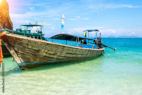 A Thai long tail boat (Rua Hang Yao) on the beach of Andaman sea located at Krabi near Phuket, Thailand