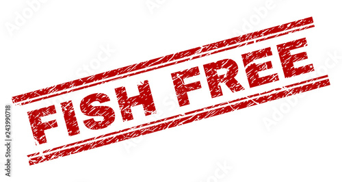 FISH FREE seal print with grunge texture. Red vector rubber print of FISH FREE tag with unclean texture. Text tag is placed between double parallel lines.
