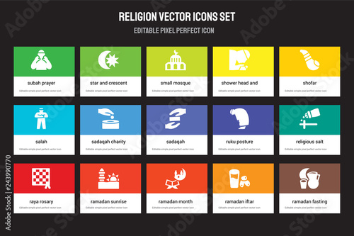 Set of 15 flat religion icons - Subah Prayer, Star and Crescent Moon, Ramadan Month, Shofar, Raya Rosary. Vector illustration isolated on colorful background