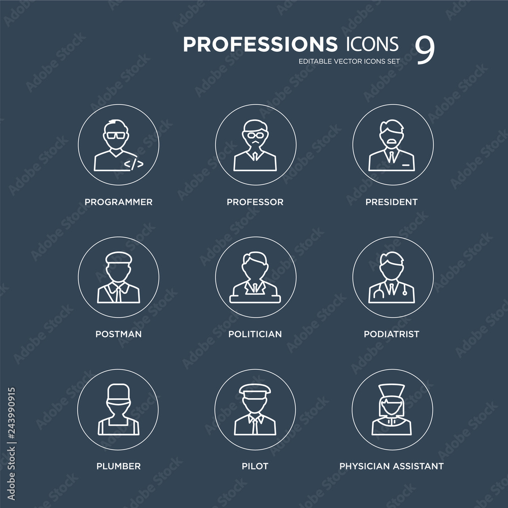 9 Programmer, Professor, Plumber, Podiatrist, Politician, President, Postman, Pilot modern icons on black background, vector illustration, eps10, trendy icon set.