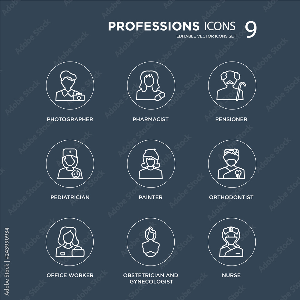 9 Photographer, Pharmacist, Office worker, Orthodontist, Painter, Pensioner, Pediatrician, Obstetrician and Gynecologist modern icons on black background, vector illustration, eps10, trendy icon set.