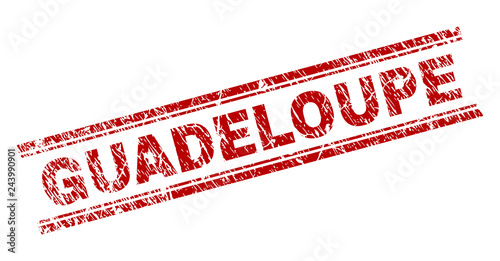 GUADELOUPE seal print with distress effect. Red vector rubber print of GUADELOUPE text with dirty texture. Text caption is placed between double parallel lines.