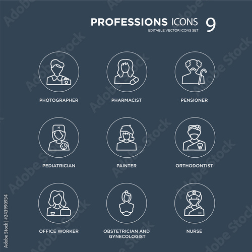 9 Photographer  Pharmacist  Office worker  Orthodontist  Painter  Pensioner  Pediatrician  Obstetrician and Gynecologist modern icons on black background  vector illustration  eps10  trendy icon set.