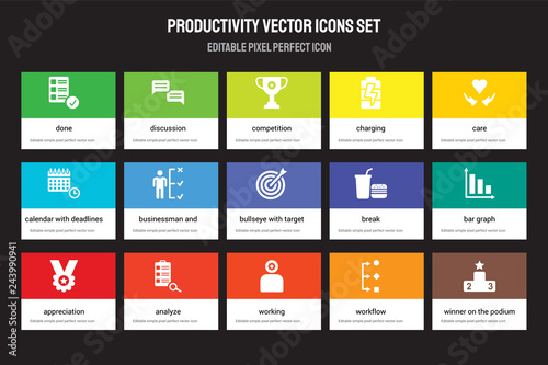 Set of 15 flat productivity icons - Done, Discussion, Working, Care, Appreciation, Break, Bar Graph, Workflow. Vector illustration isolated on colorful background