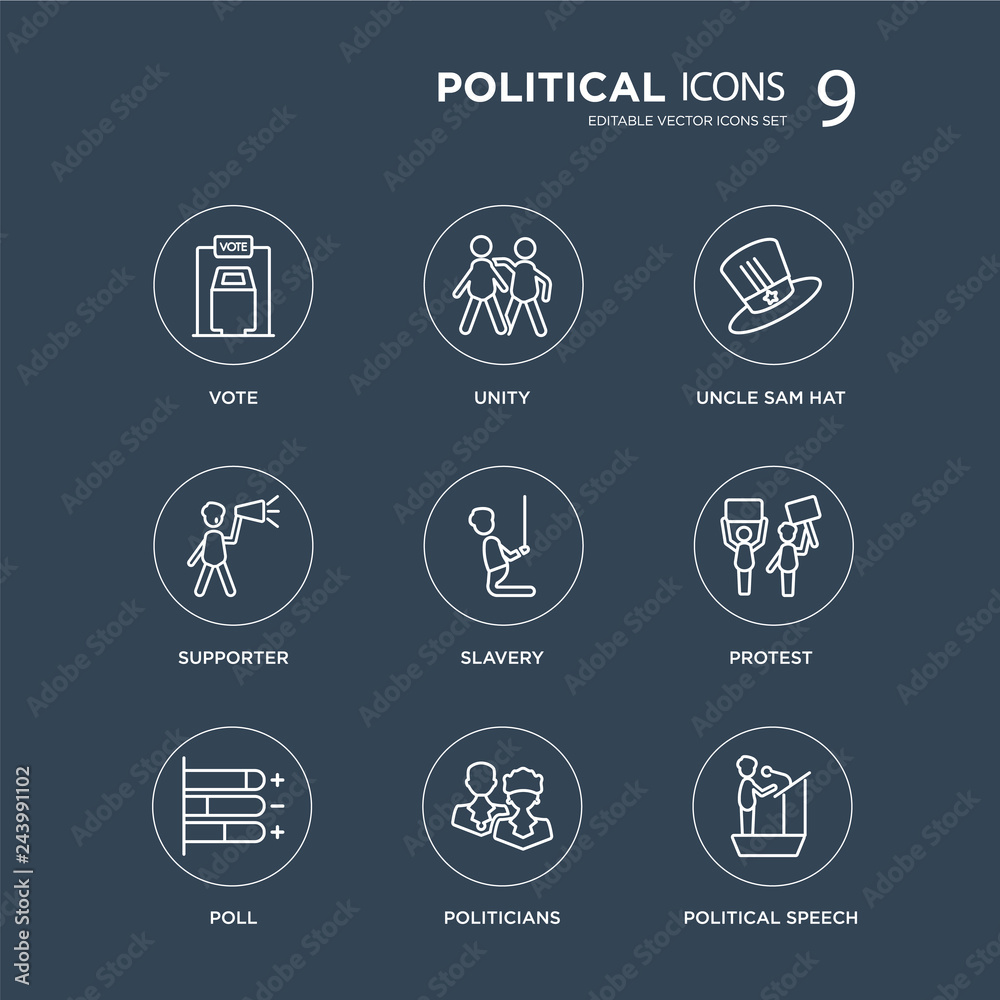 9 Vote, Unity, Poll, Protest, Slavery, Uncle Sam hat, Supporter, Politicians modern icons on black background, vector illustration, eps10, trendy icon set.