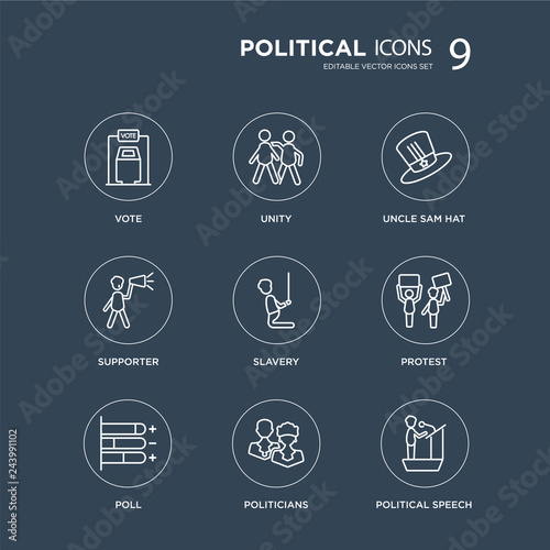 9 Vote, Unity, Poll, Protest, Slavery, Uncle Sam hat, Supporter, Politicians modern icons on black background, vector illustration, eps10, trendy icon set.