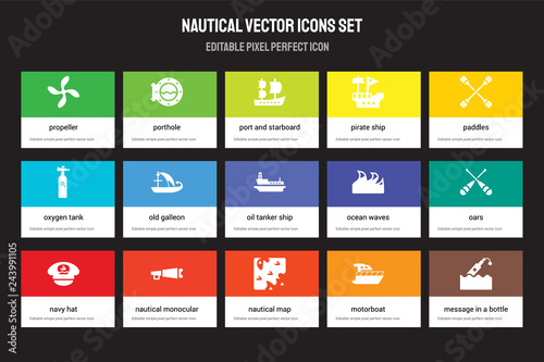 Set of 15 flat nautical icons - Propeller, Porthole, Map, Paddles, Navy Hat, Ocean Waves, Oars, motorboat. Vector illustration isolated on colorful background