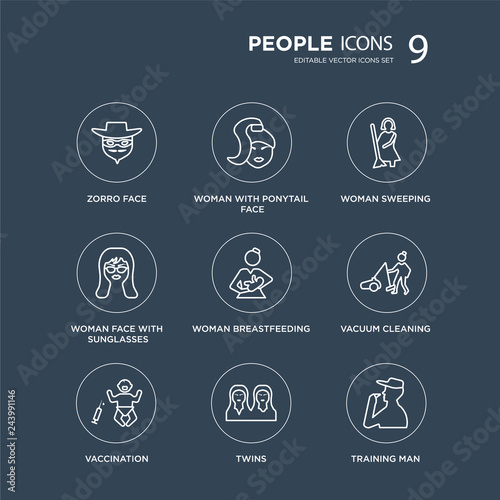 9 Zorro face, Woman with ponytail Vaccination, Vacuum cleaning, Breastfeeding, Sweeping modern icons on black background, vector illustration, eps10, trendy icon set.