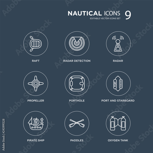 9 Raft, Radar detection, pirate ship, port and starboard, Porthole, Radar, Propeller, Paddles modern icons on black background, vector illustration, eps10, trendy icon set.