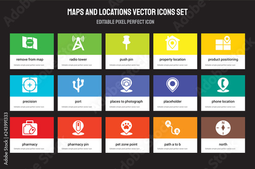 Set of 15 flat maps and locations icons - Remove from Map, Radio tower, Pet Zone Point, Product Positioning, Pharmacy. Vector illustration isolated on colorful background