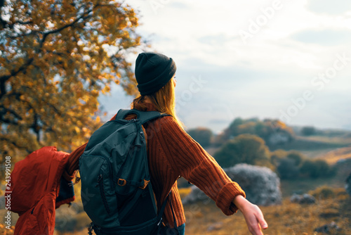 autumn nature yellow leaves mountains view woman