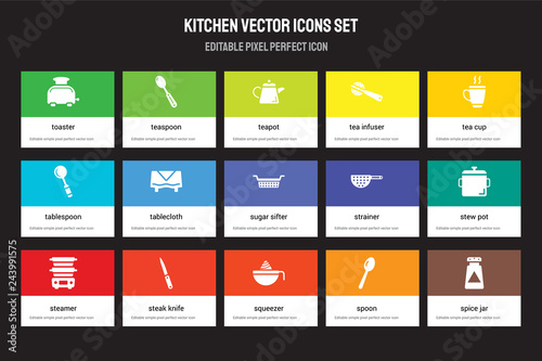 Set of 15 flat kitchen icons - Toaster, teaspoon, Squeezer, Tea cup, steamer, Strainer, stew pot, Spoon. Vector illustration isolated on colorful background